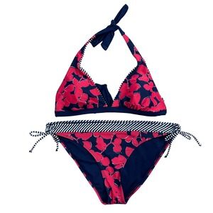 Womens Reversible Bikini Set Medium Navy Pink Floral Nautical Stripe Preppy
